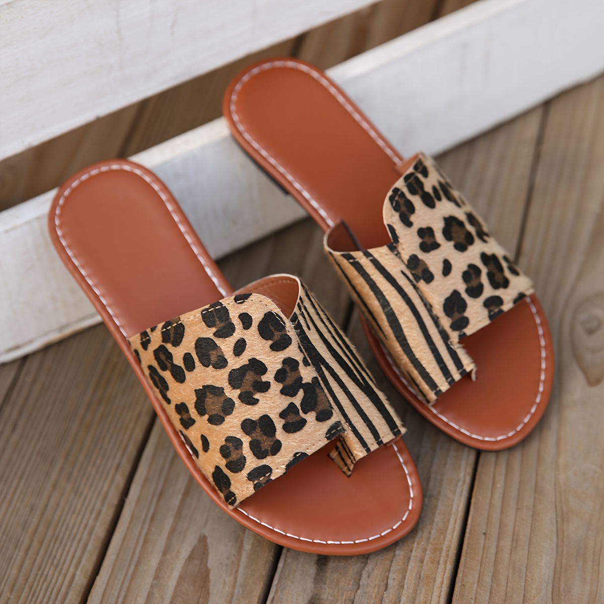 TEMU Summer Fashionable Women's Shoes Leopard Print Zebra Print Sandals, Casual Flat Slippers, Shoes, Outdoor Vacation Beach Sandals, Women' Shoes,