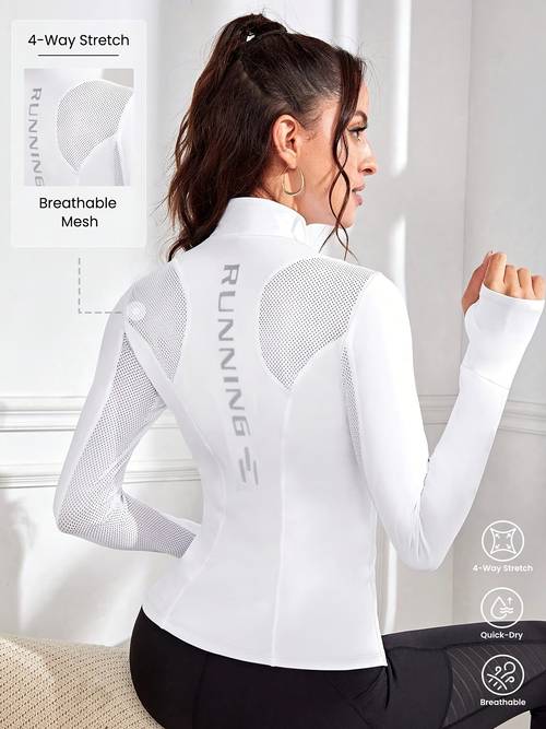 chaqueta deportiva con cuello y cremallera hueca, top de larga dedo empalmado de malla, estampado de ajustado, para fitness , senderismo, golf, tenis, bádminton, squash, bowling, compras para caminar, ejercicio en gimnasio/casa