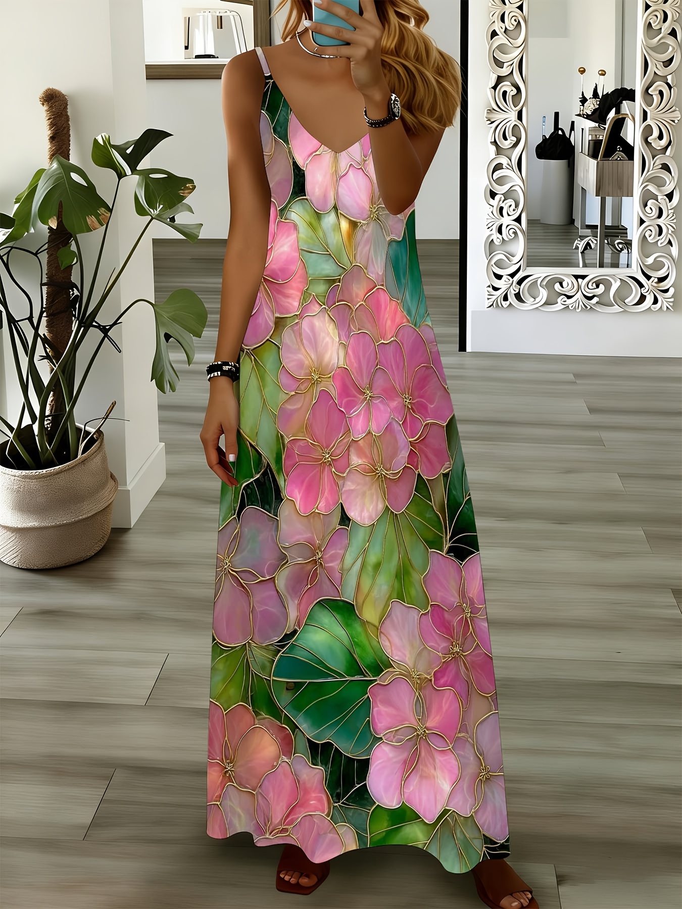 chinese dress ladies Tan Tropical Print Maxi Dress - All Dresses
