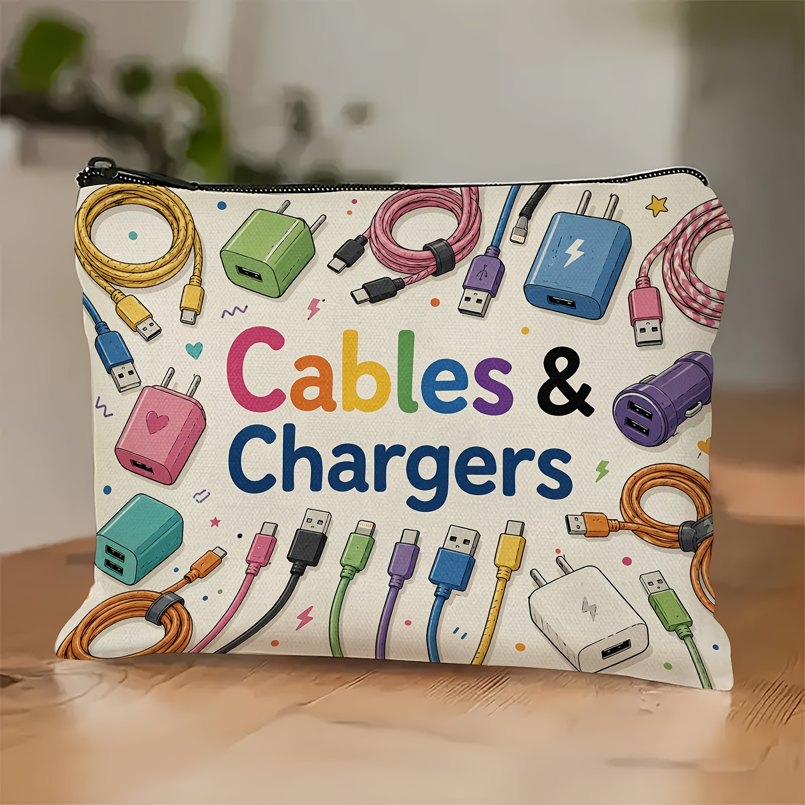TEMU Cable And Charger Makeup Bag - Cute Canvas Bag With Color Adapter, Usb Cable, And Plug. Very Suitable For Storing Technical Additions,