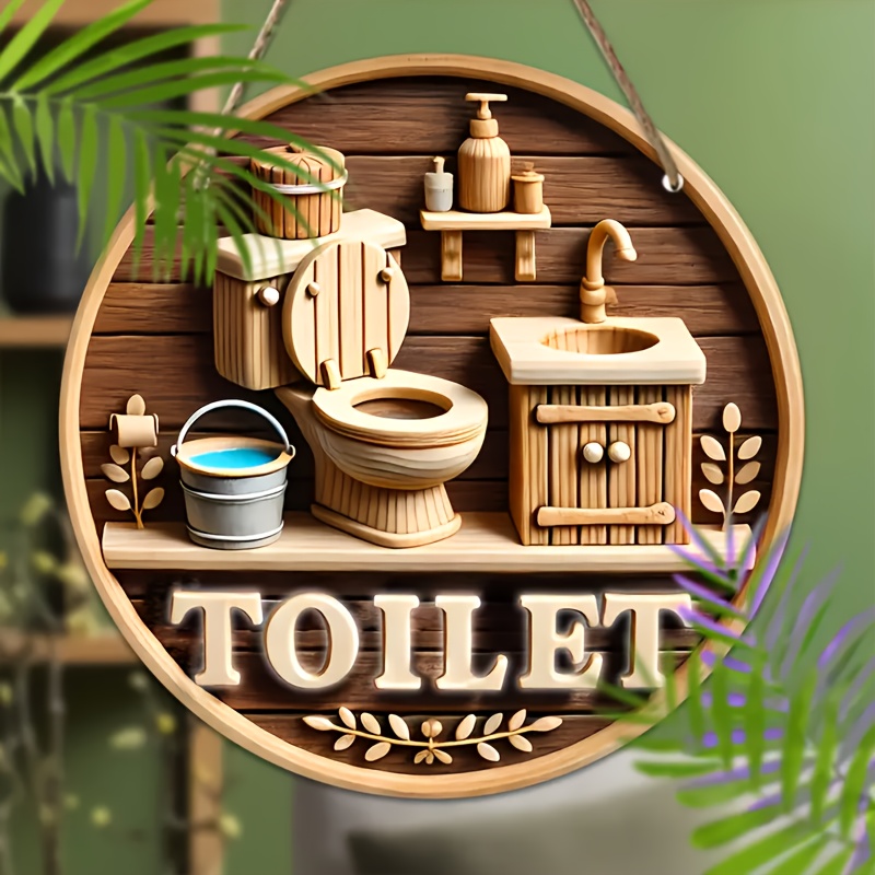 

8"x8" Wooden "toilet" Sign - Rustic Bathroom Decor With Toilet, Basin & Leaf - Ideal For Home, Office & Outdoor - Battery-free, Featherless - Perfect Gift, Multifunctional Hanging Decor