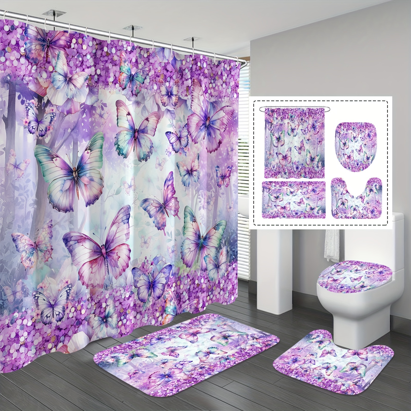 

1/4pcs Gorgeous Butterfly Shower Curtain Set, Waterproof Shower Curtain With 12 Hooks, Non-slip Bathroom Rug, Toilet U-shape Mat, Toilet Lid Cover Pad, Bathroom Decor