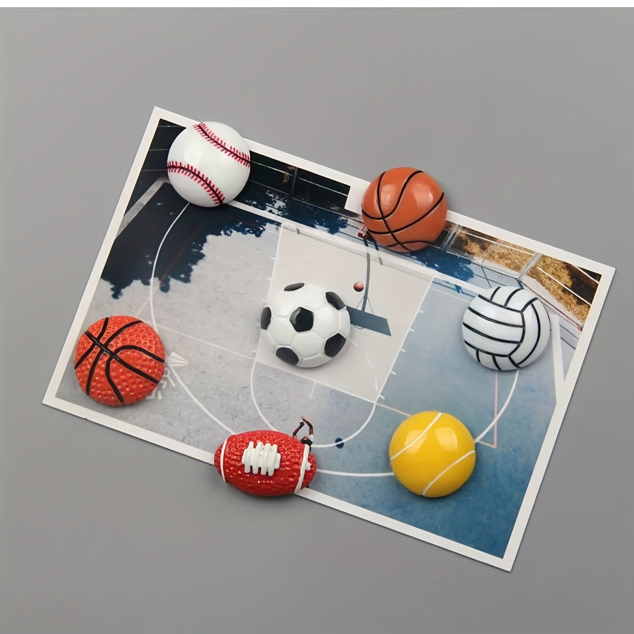 Image of Set Of 7 Cartoon-themed Creative Sports Ball Magnetic Resin Fridge Magnets, Including Basketball, Soccer, Tennis, And Blackboard Stickers For Decoration