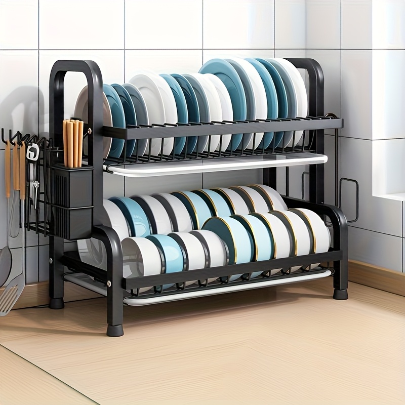 E-shop 2-Etagen Geschirrtrockner, 42 cm, Multifunktionaler Rostfreier Geschirrabtropfer mit Abnehmbarem Tropfschale, Platzsparende