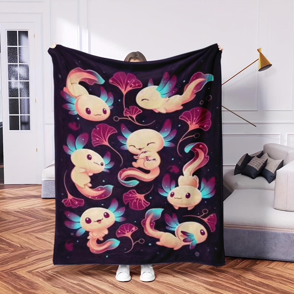 

1pc, Cute Axolotl Print, Soft Flannel Fleece Blanket, Multi-season, All-, Handwash Only, , Polyester Cover, 200-250g, For Home, Office, Bed, Sofa, Car, Nap, Air Conditioning, Perfect Gift