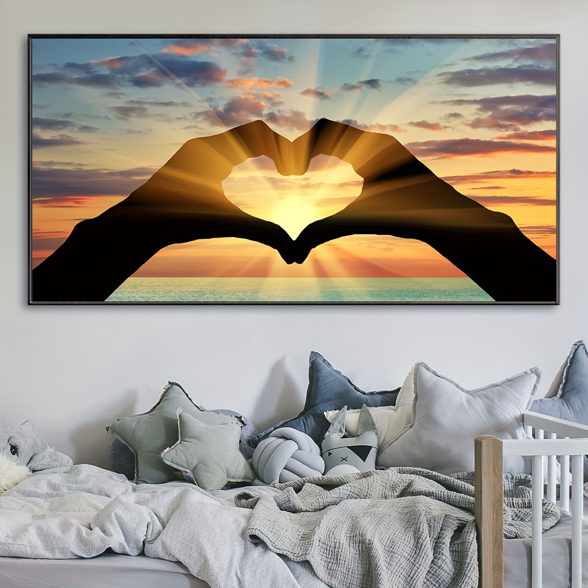 Large Heart-Shaped Canvas Wall Art Frameless Modern Poster with Sunset  Ocean Design in to Blue Gradient Waterproof Fabric Print for Living 