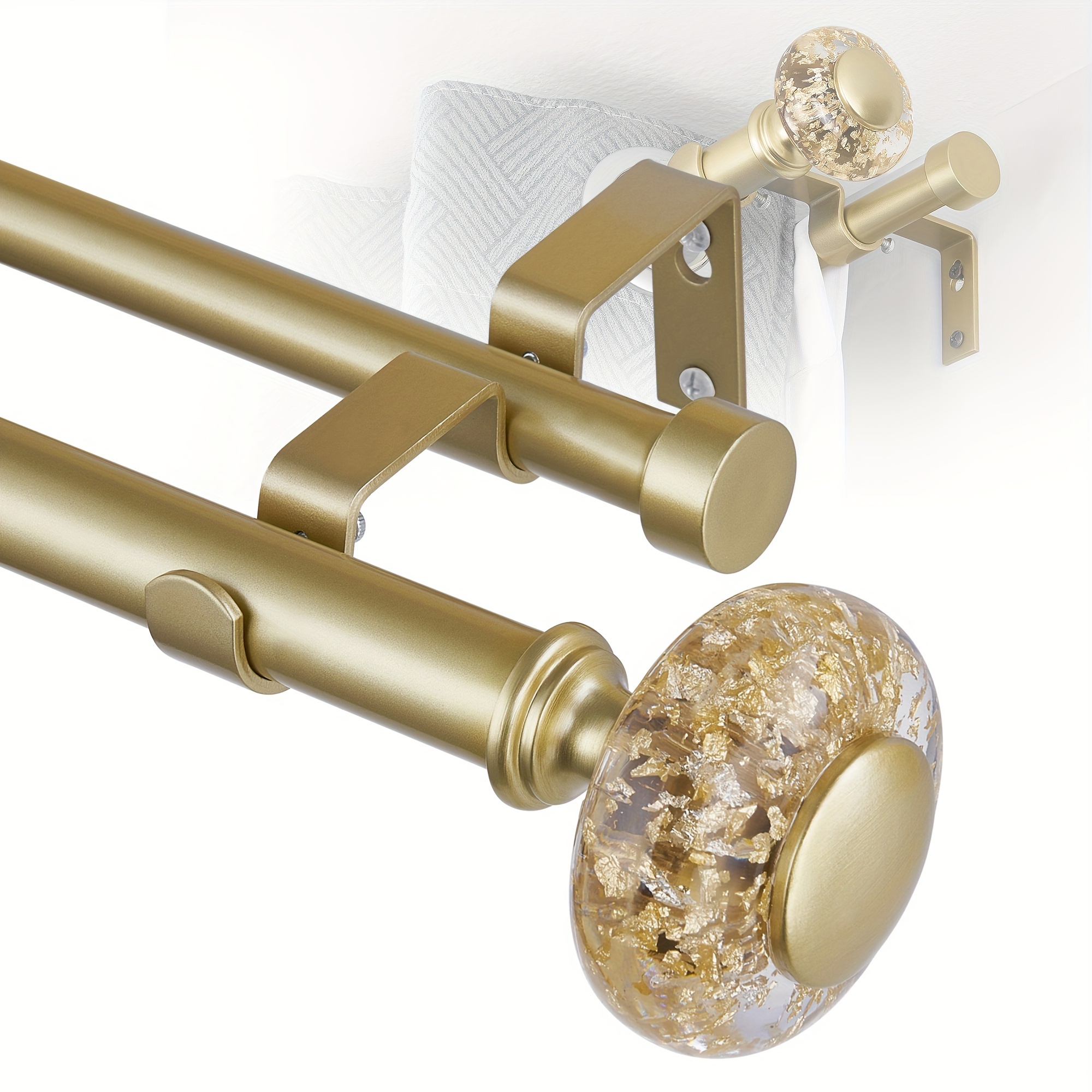 

Double Curtain Rod For Windows 32-72 Inch: 1 Inch Adjustable Acrylic Set With Translucent Gold Foil Finials- Double Gold Decorative Curtain Rod With Brackets