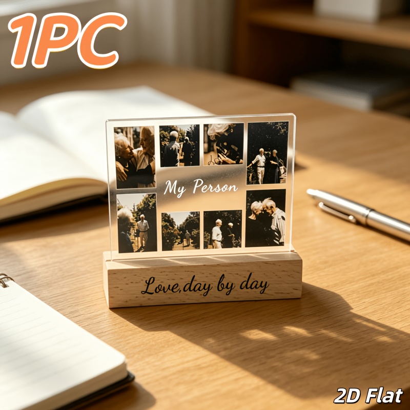 Image of 2d Flat 1pc Custom Acrylic Photo Display, , Supports 8pcs Photo Customization, Wooden Base, Customizable Text, Combining And Decoration, Ideal For Family , Couple's Memory, Pet Memory