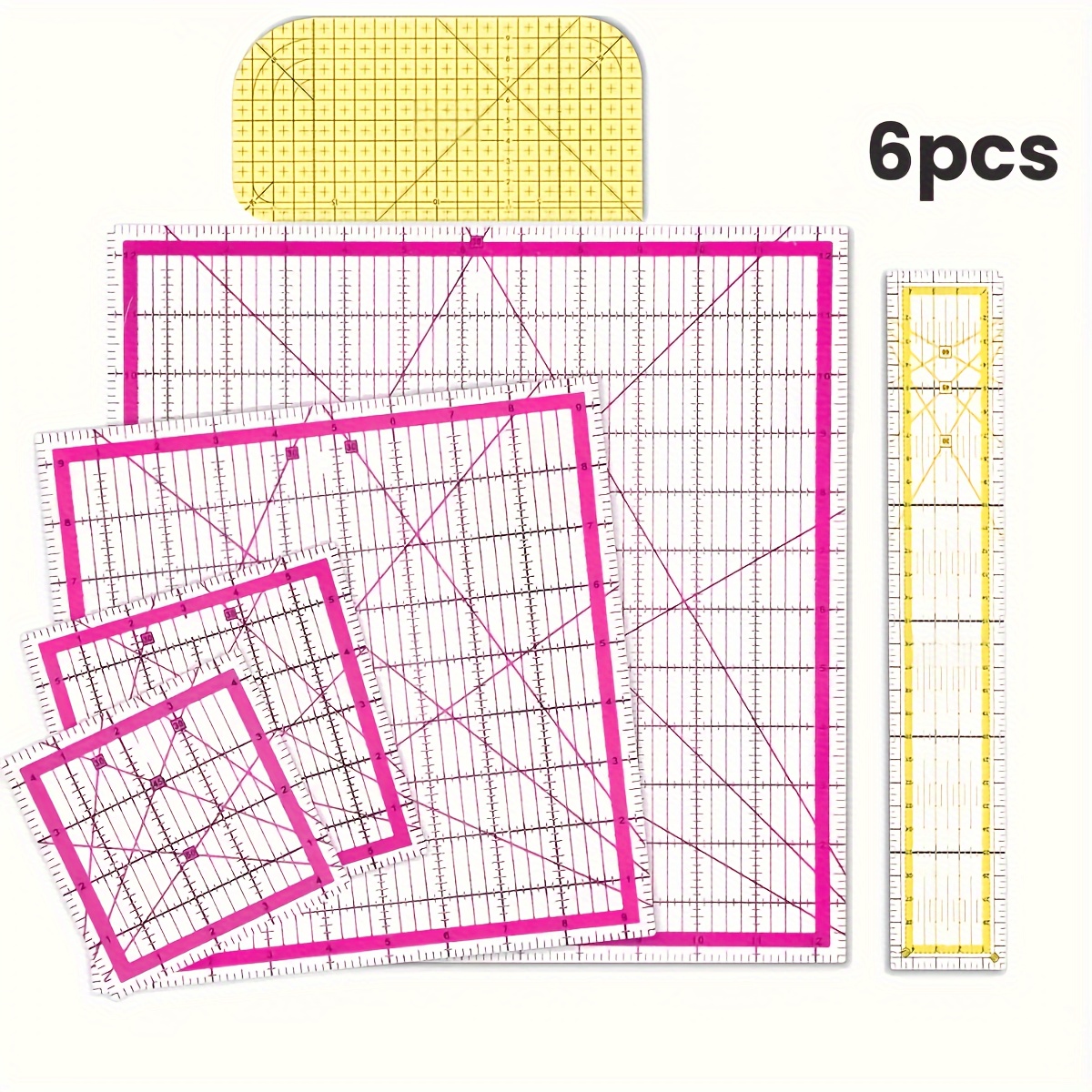 

Ensemble de 6 règles de patchwork en acrylique - Marquages clairs, de coupe carrés pour tissu, artisanat et couture - Fuchsia