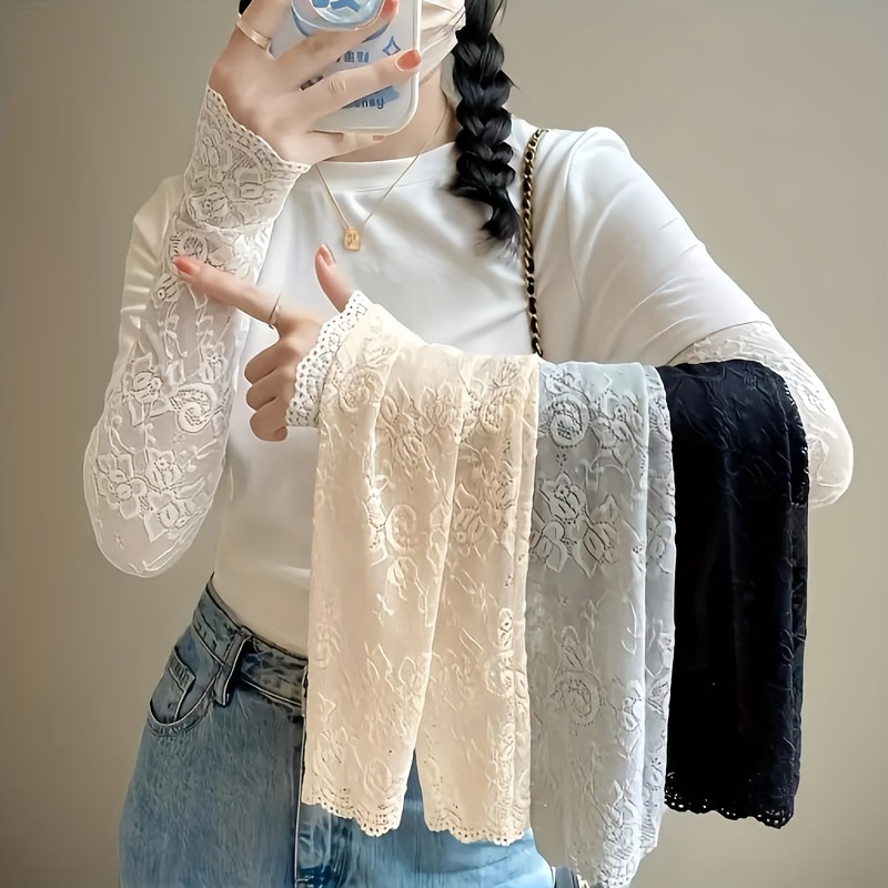 TEMU 4 Pairs Elegant Embroidered Lace Arm Covers For Women - Elastic Open Finger Sleeves, Breathable Lightweight Design For Casual Outdoor Activities