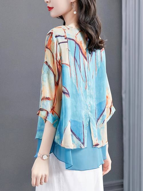 womens 3 4 sleeve blouse with geometric floral print double layer lightweight polyester shirt round neck machine washable top for spring wear