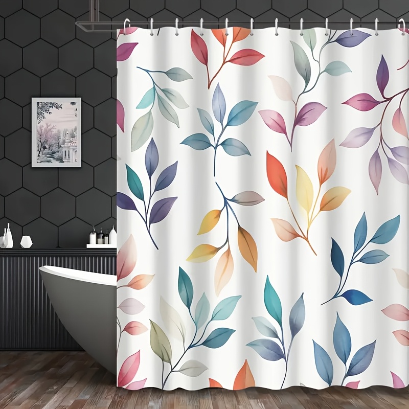 TEMU 1pc Watercolor Eucalyptus Leaf Shower Curtain - Vibrant Nordic Style Bathroom Decor With 12 Hooks, Machine Washable Polyester Fabric, Colorful