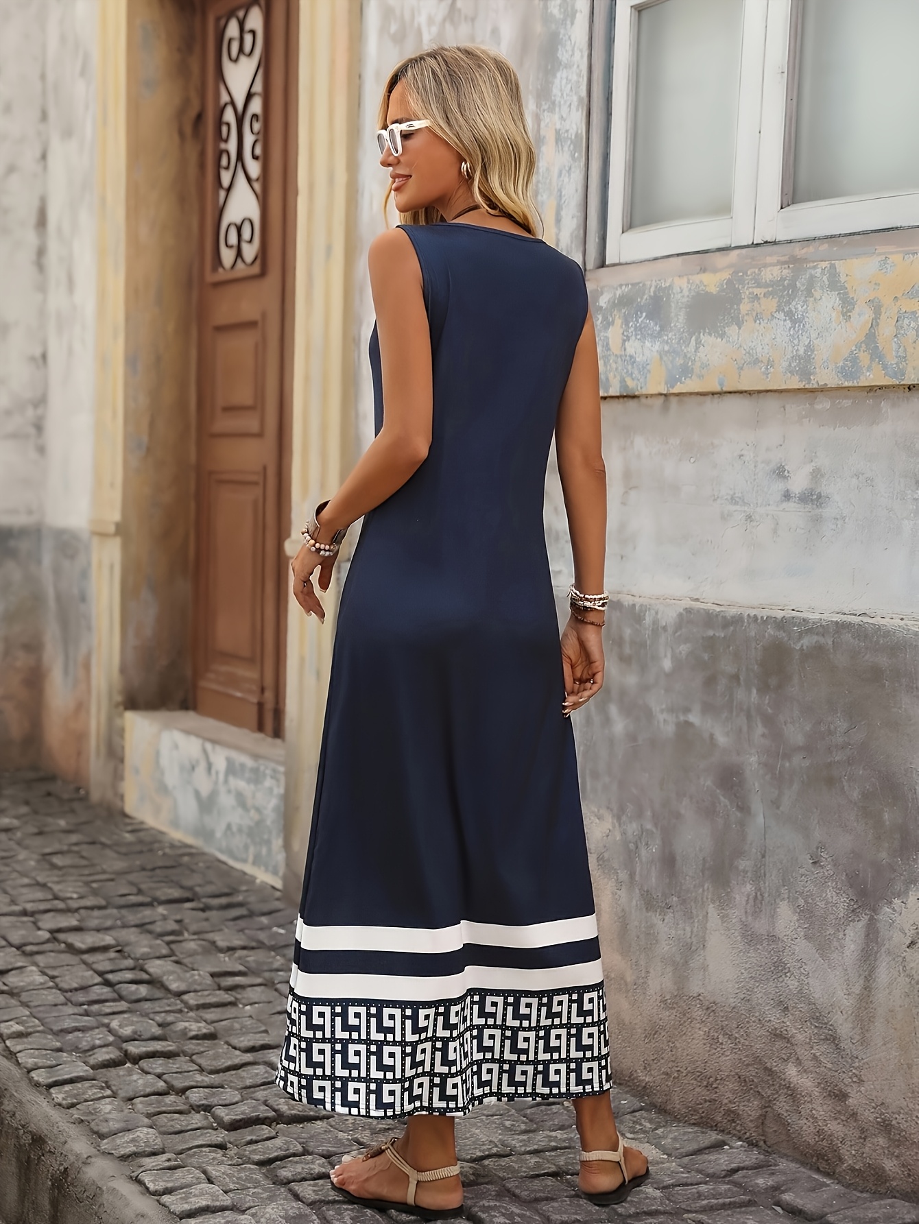 Robe longue élégante pour femme à coupe droite avec ourlet en patchwork et col rond - Coupe ample - Robe longue adaptée au printemps, à l'été et à l'automne, lavable en machine, tenue décontractée à habillée, robe sans panneau en patchwork