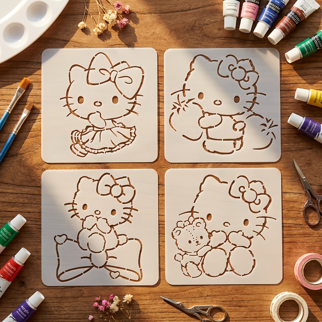 E-shop 4-teiliges Sanrio Schablonen-Set, 12,7 cm x 12,7 cm wiederverwendbare Malvorlagen – Aus robustem Kunststoff, für Shirts, , Wanddekoration mehr –