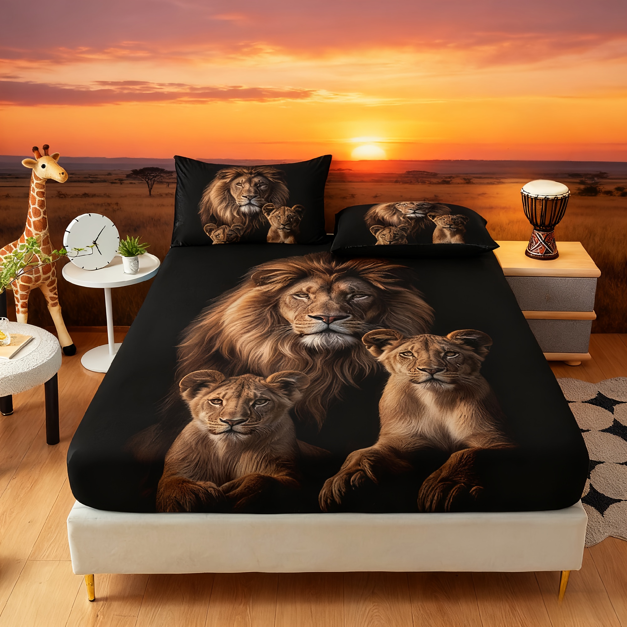 TEMU 3pcs Animal Lion Printed Fitted Sheet Set, Queen Mattress Cover, Twin Mattress Protector, King Bedding, Polyester Machine Washable, Bedroom ,