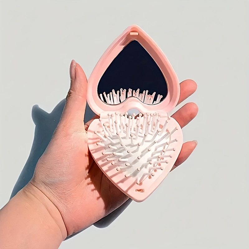 TEMU 1 Espejo de maquillaje plegable portátil de rosa con peine de cojín de aire - No requiere pilas, diseño de dibujos animados, regalo de San