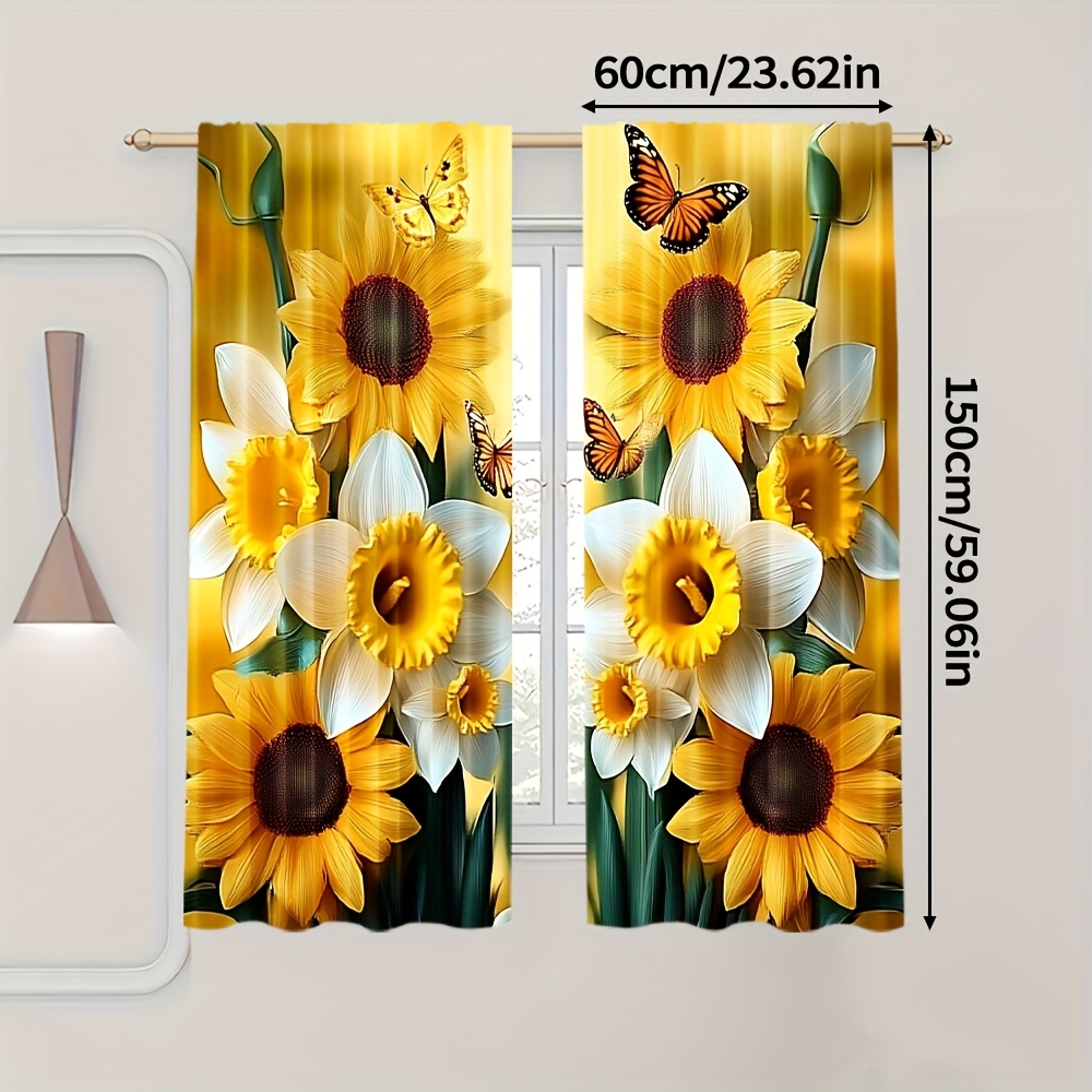 TEMU Set Of 2, Decorative Curtains Featuring A Sunflower And Design, Made Of Polyester, Ideal For Bedrooms, Living Rooms, Offices, And Home Decor,