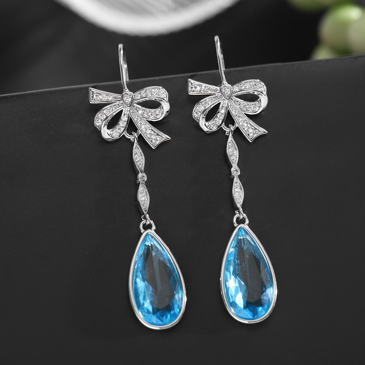Image of Light Luxury Elegant Bow-shaped Inlaid Synthetic Zirconia Water Drop Pendant Women's Earrings Banquet Party Wear Holiday Gift Women's Jewelry