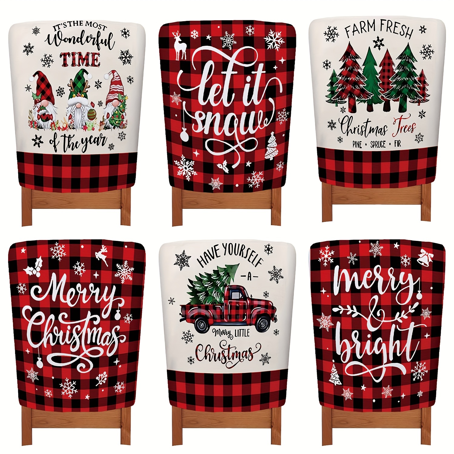 Image of Set Of 6 Farm-style Christmas Tree Gnome Red And Black Checkered Short Plush Chair Covers, Checkered Christmas Chair Covers