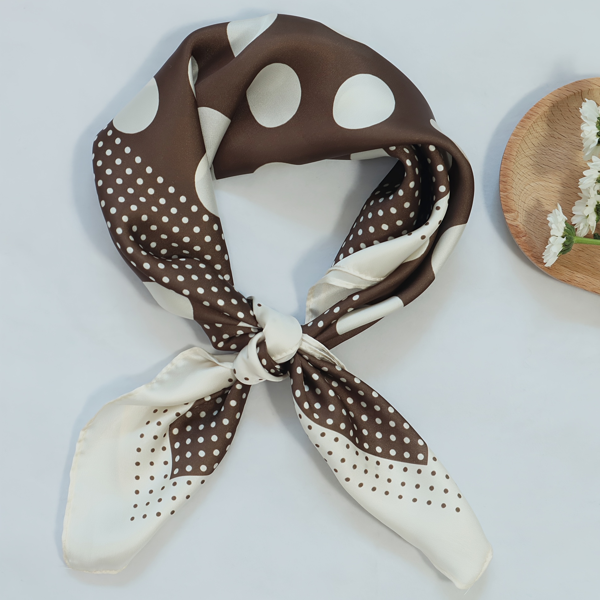 TEMU Vier Seizoenen Polka Dot Satijnen Vierkante Sjaal, Koffie Polka Dot, Zwart En Wit Polka Dot, Draperende, Gladde Stoffen Hoofddoek, met Strikken