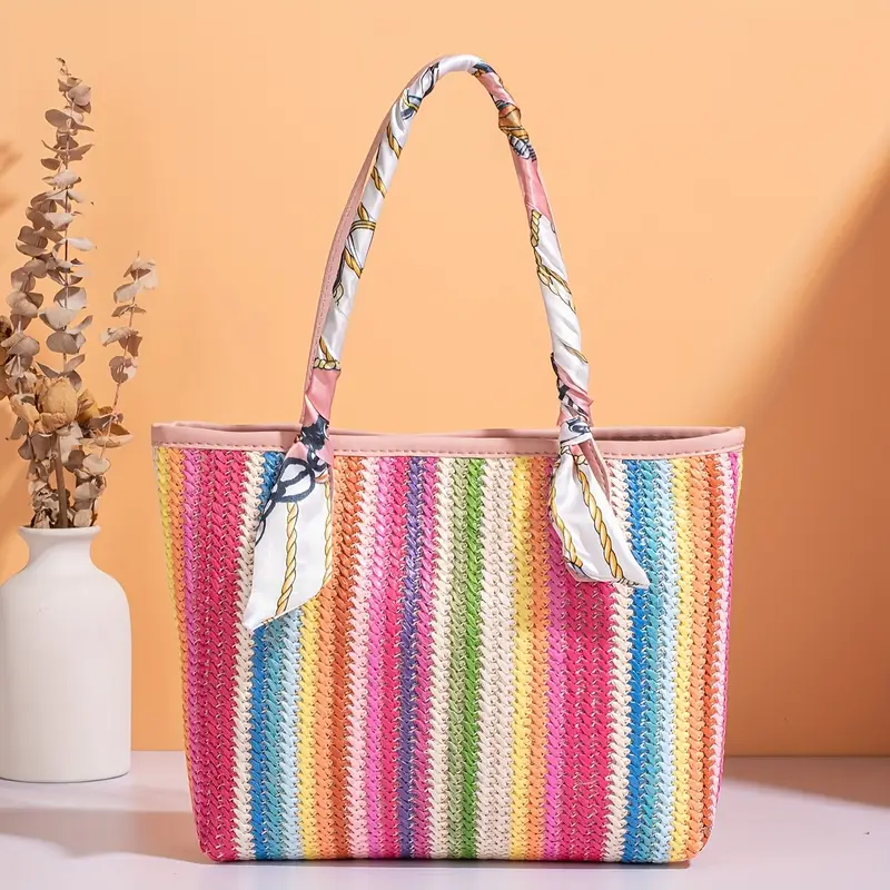 womens large capacity beach tote bag vibrant rainbow striped woven shoulder bag with magnetic closure durable polyester lining vacation and holiday use holiday accessory vibrant striped bag magnetic closure bag details 8