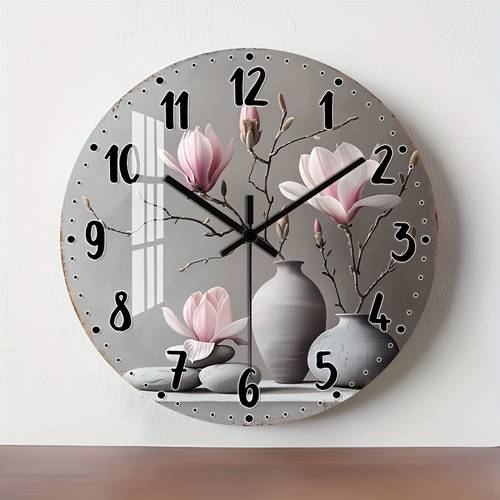 1 stück holz 2d flachwanduhr ohne , mit dekorativem kreisförmigem design und einem glänzenden floralen auf der zifferblattseite, für wohnzimmer, schlafzimmer, küche, eingangsbereich oder büro, erhältlich in den größen 10, 12, 14