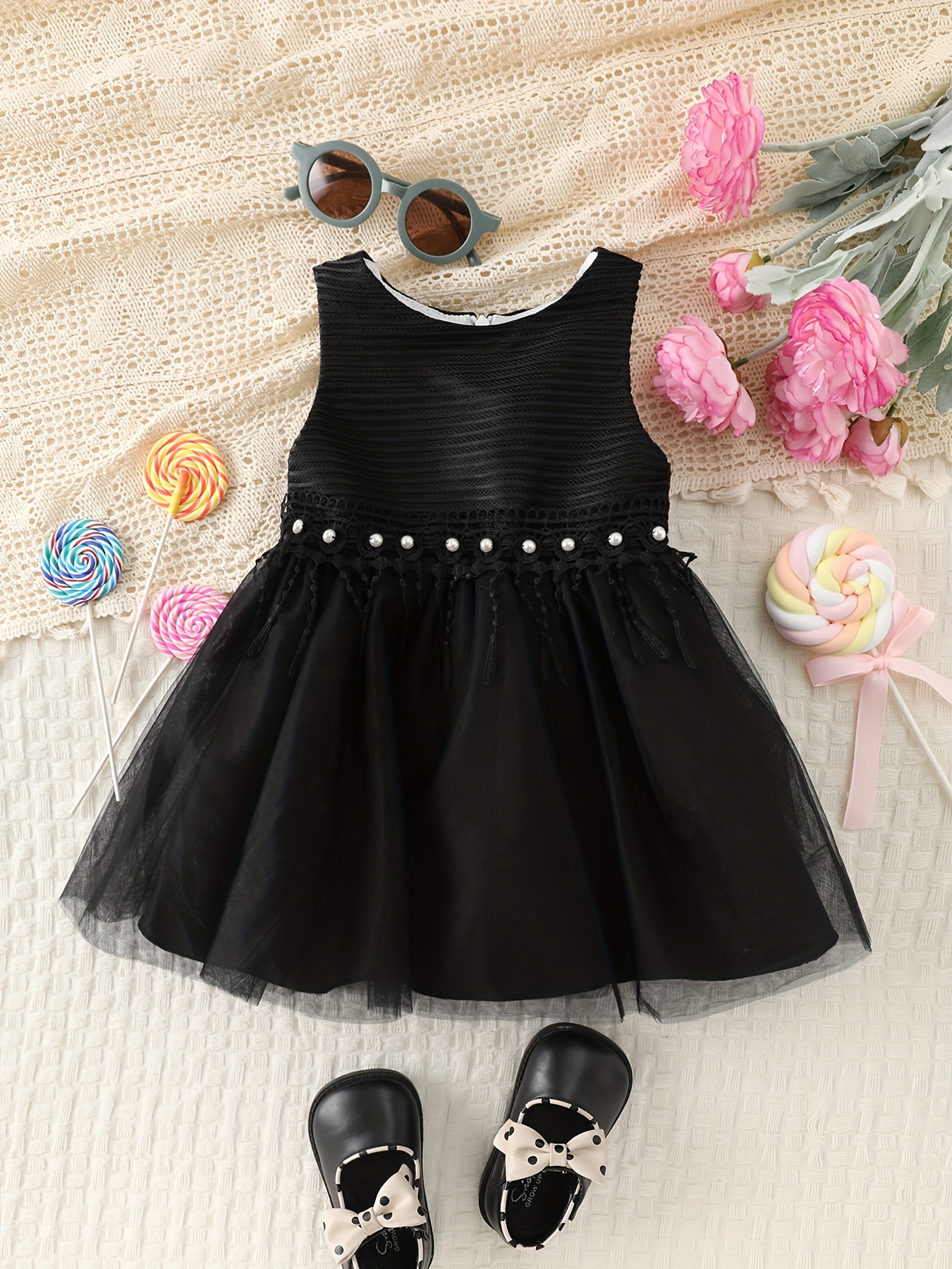 Toddler Kid's Elegant Beaded Mesh Dress Solid Color - Temu