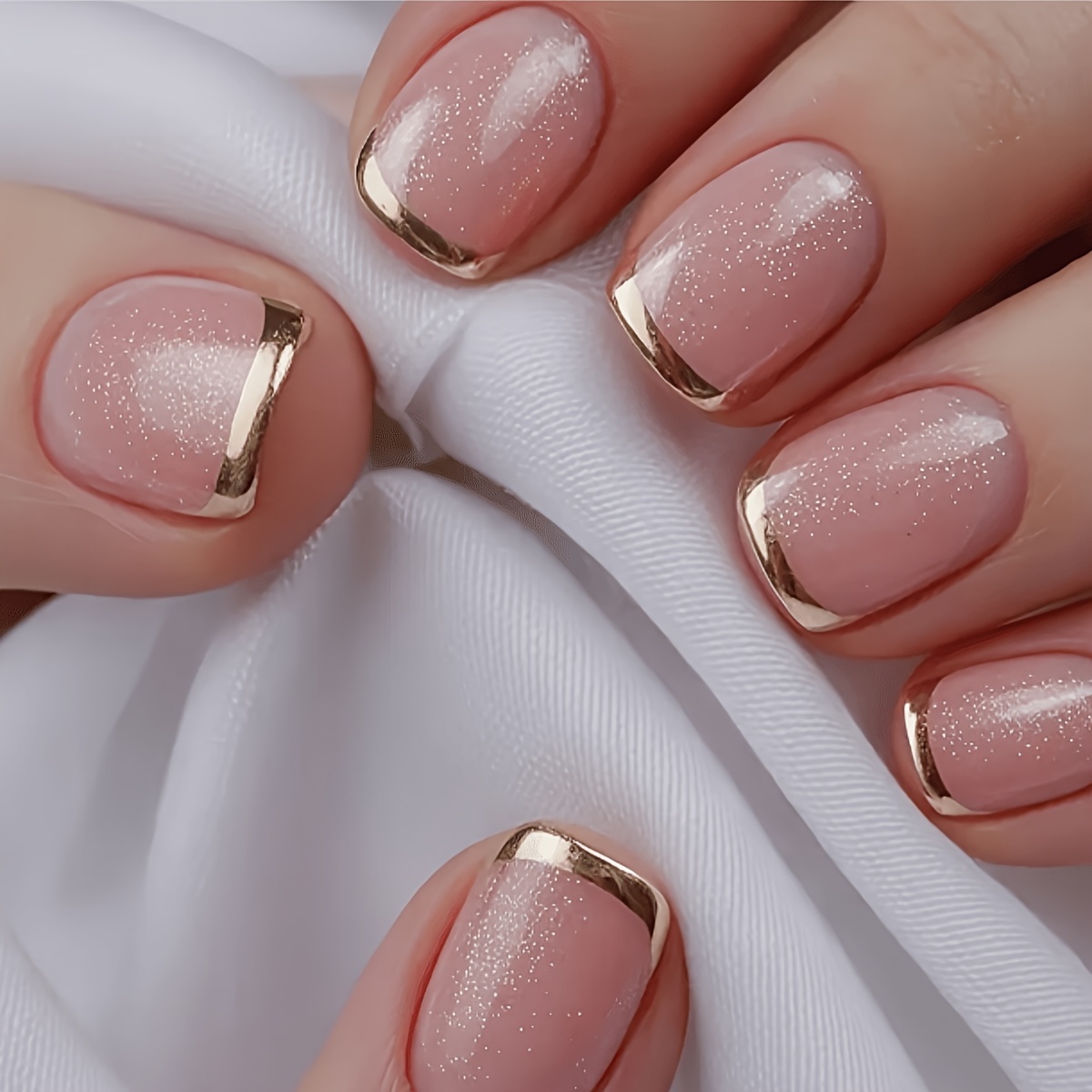 TEMU 24pcs Short Square Nude Pink Glossy Golden Fingertips - -on False Nails, Luxurious Shiny Women's Individual Art Nail, Trendy Fashionable Women's