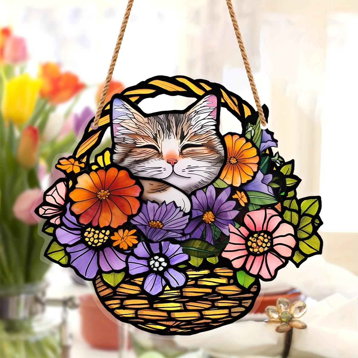 

Acrylic Cat Stained Window Hanging Suncatcher With Flower Design, Indoor Outdoor Hanging Home Garden Decor, No Electricity Or Feathers Required, Perfect Gift For Cat Lovers