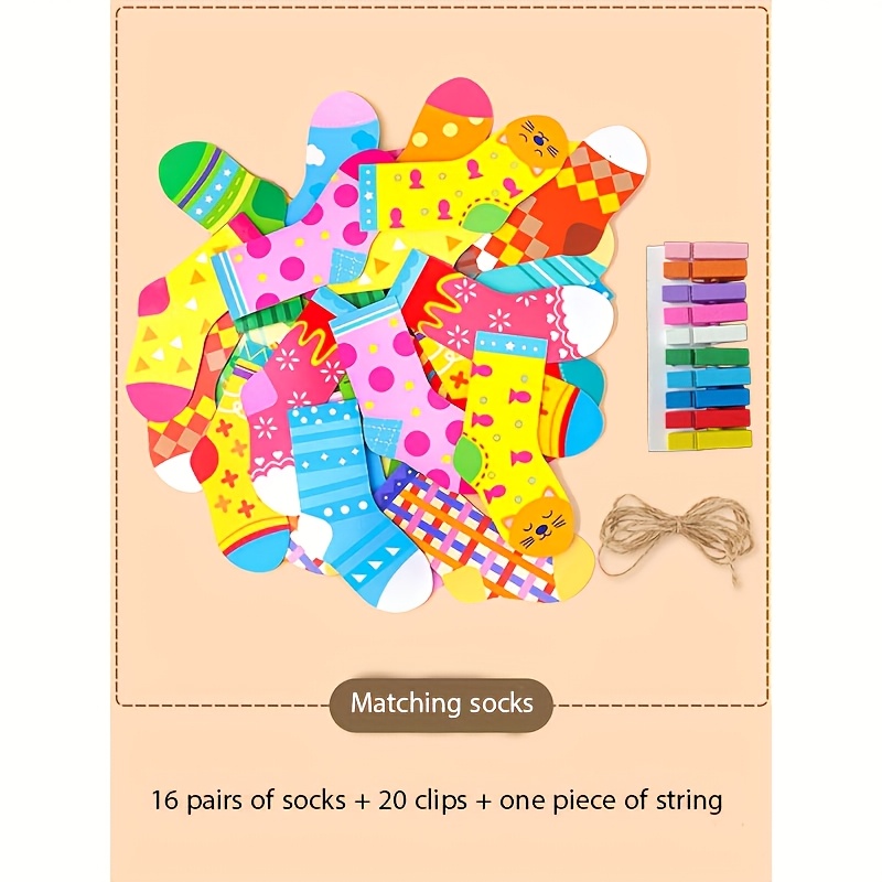 Kids Skill Matching Game - 16 Pairs Socks, 20 Clips & A Rope | Skills Activity For + | Fine Motor, Organization|christmas And Halloween Gifts
