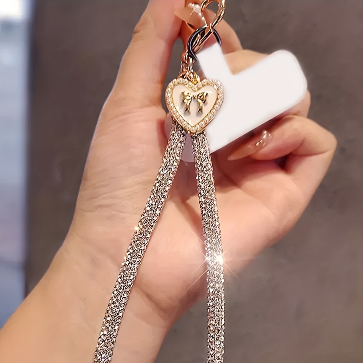 Image of Diamond High-end Heart Bow Lock Diamond Rope Phone Strap, Exquisite Anti-lost Replacement Cord