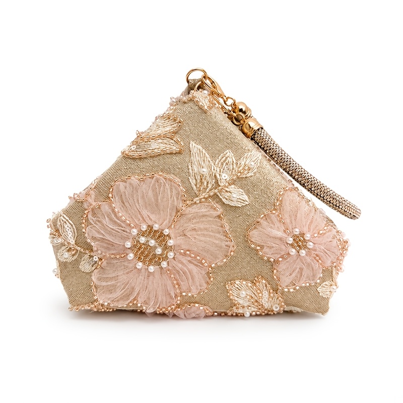 TEMU Clutch de noche para mujer con cadena, bordado floral en malla con champán, perfectamente con vestidos de graduación de mujer, accesorios de