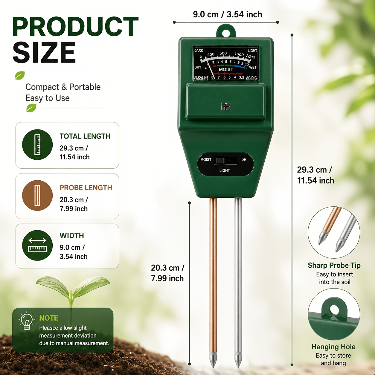 TEMU Probador de Suelo , Medidor de PH, Humedad y Luz , No Requiere Batería, Herramienta de Prueba de Suelo de Plantas para Plantas de Interior,
