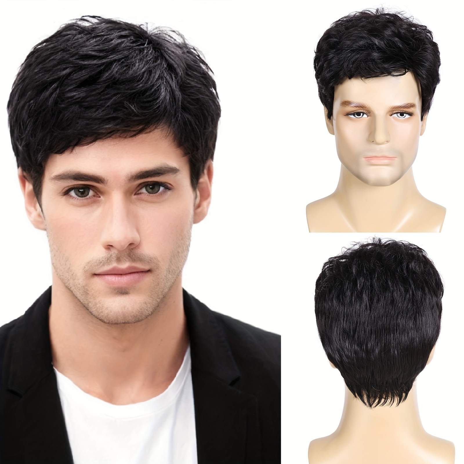 

Perruque pour Homme, Perruque Noire Courte en Couches Naturelles et Floues en Cheveux Synthétiques pour Costume d'Halloween pour Homme, Accessoires de Perruque