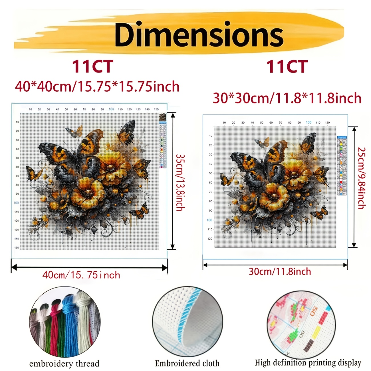 Cross Stitch Printed Kit, Frameless, Black And Yellow Butterflies Design