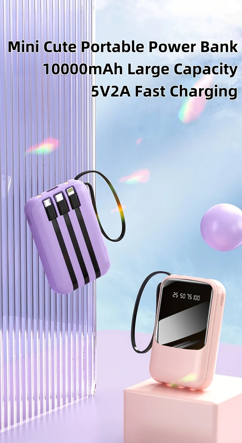 10000mah mini cute 5v2a fast charging multifunctional power bank large capacity rechargeable portable mobile phone charger built in led lights outdoor travel battery packs display micro type c input usb c output for iphone valentines day gift details 0