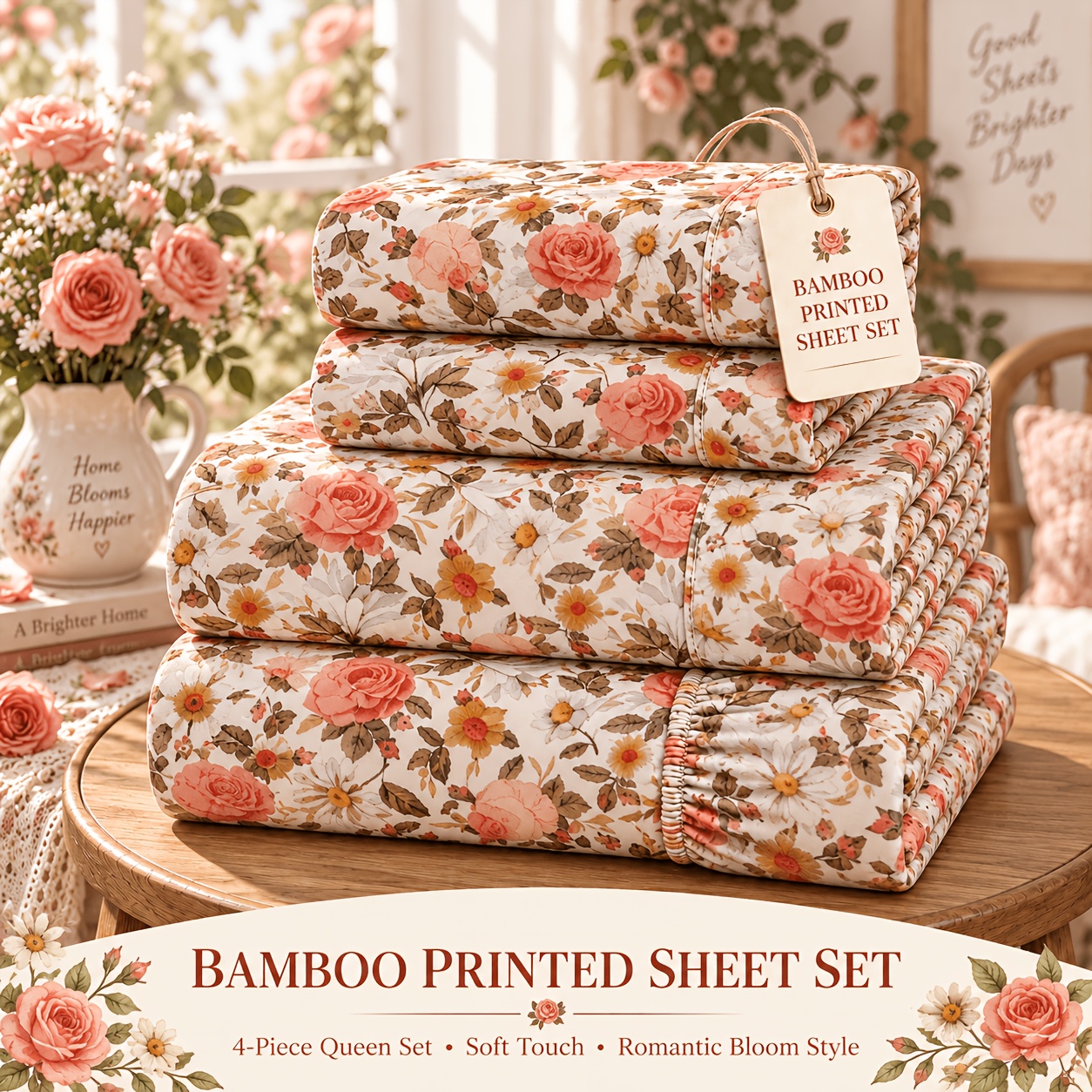TEMU Floral Printed 4pcs Sheet Set, 16 Inch Deep Pocket Fitted Sheet, Multiple Machine Will Not Fade, Will Not Pill, Precision Overlocking,