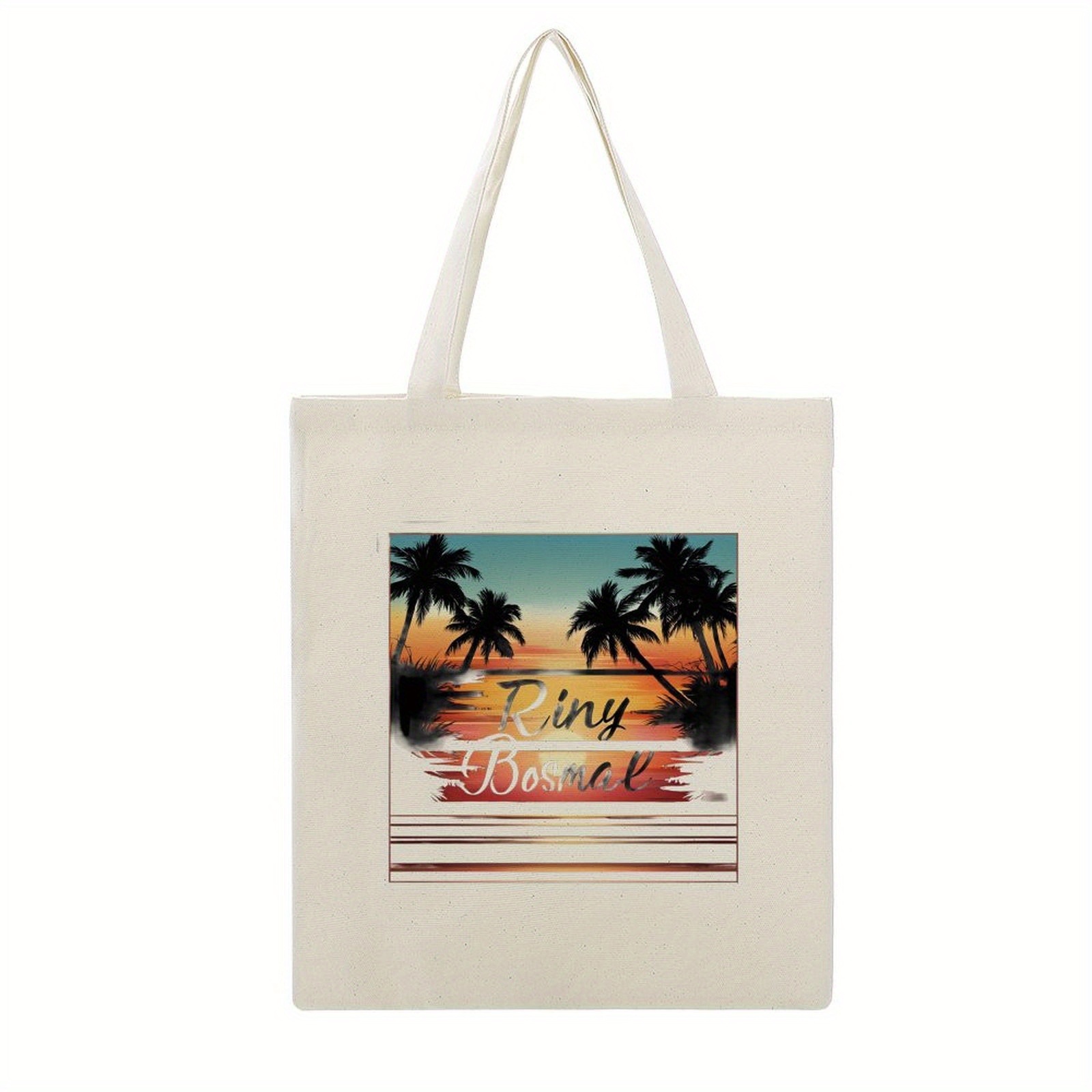   bosmal summer beach tote bag white casual polyester beach bag with palm tree sunset design stylish letter print 34x40cm   home decor mothers day fathers day christmas gifts beach bag accessories sunset scene design