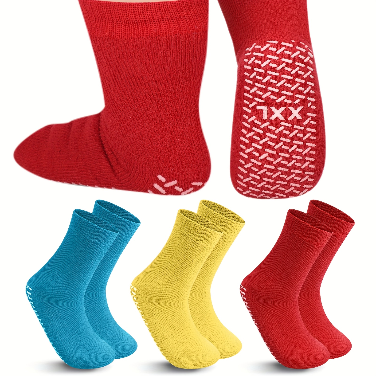 TEMU 6 Pairs Slipper Socks Terry Ring Non Slip Gripper Socks For Adults (blue, Red And Yellow)