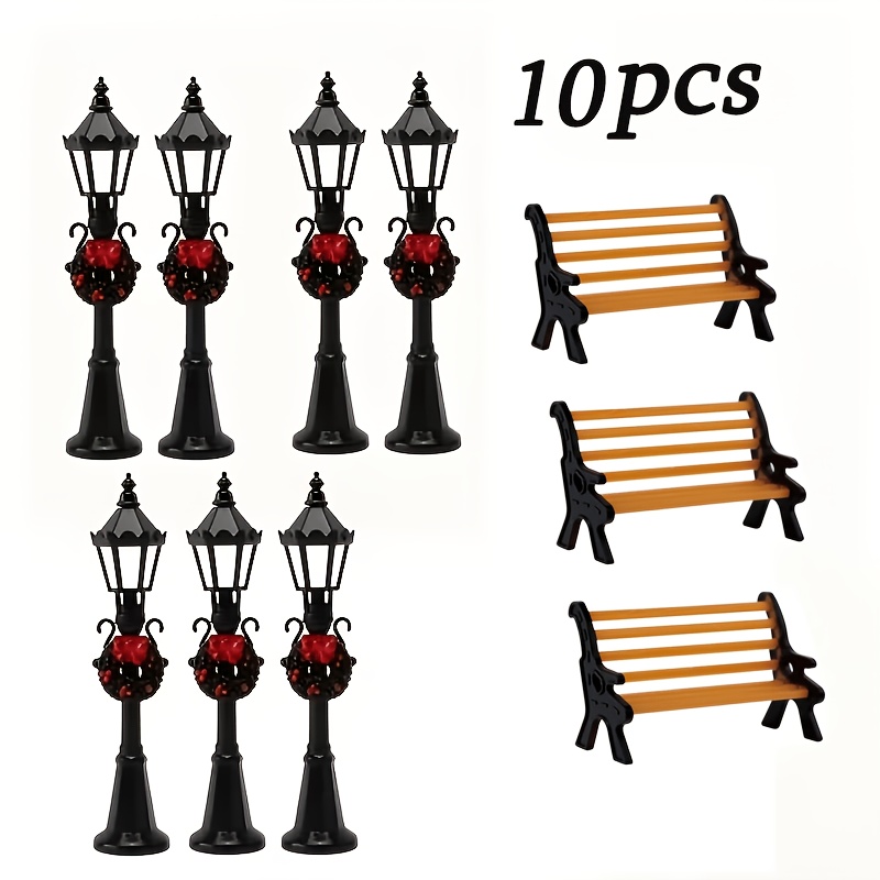 TEMU 10pcs Miniature Street Lamp & Park Bench Set With Wreath Suitable For Christmas Tabletop Decor, Plastic Vintage Lampposts And Benches For Fairy