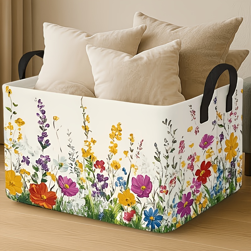 TEMU 1pc Foldable Watercolor Storage Basket With Handle, Laundry Basket For Clothes And Bathroom Organization, Space-saving Modern Basket For Home