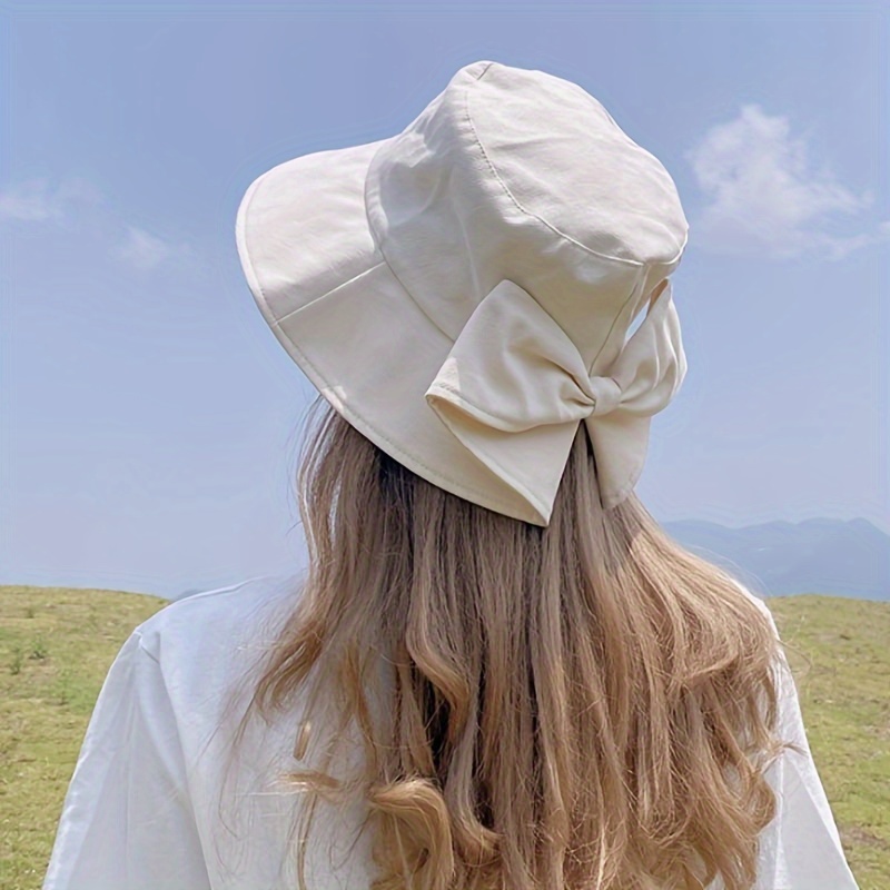 

Women's White Wide Brim Sun Hat With Large Bowknot, Breathable Cotton Bucket Hat, Beach & Outdoor Sunshade Hat, Uv Protection For Summer & Daily Wear