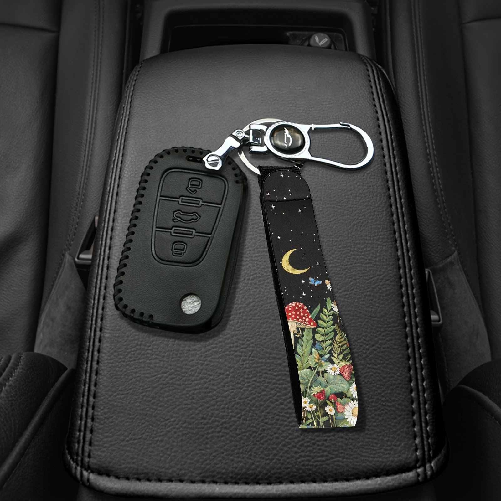 Moon, Mushroom & Moth Print Keychain - Versatile Wristlet For Car Keys, Backpacks, Phones & More - Durable Polyester, Design