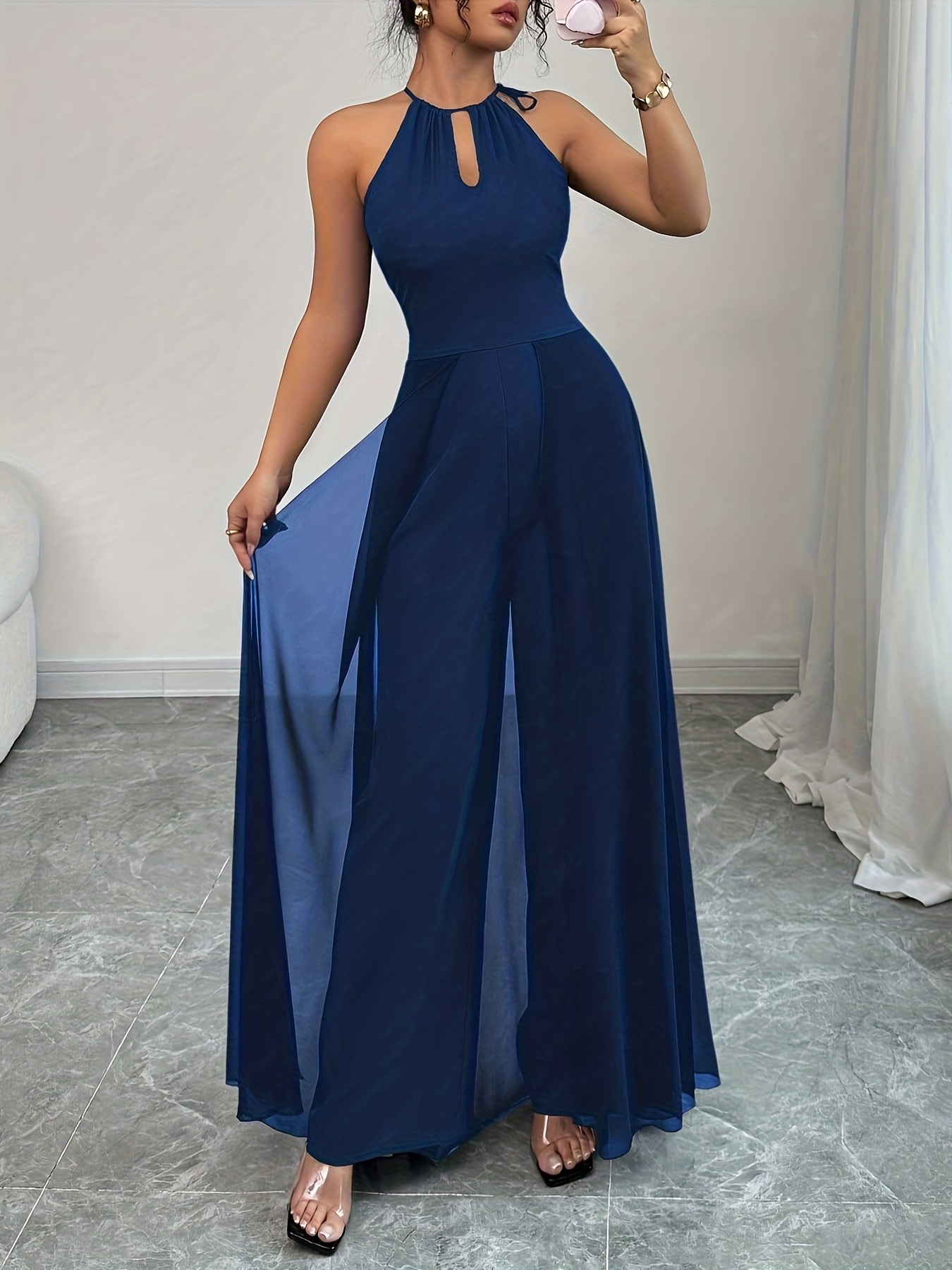 new womens fashion summer solid color elegant commuter backless tie v neck hollowed out waist corset chiffon hem   fit jumpsuit