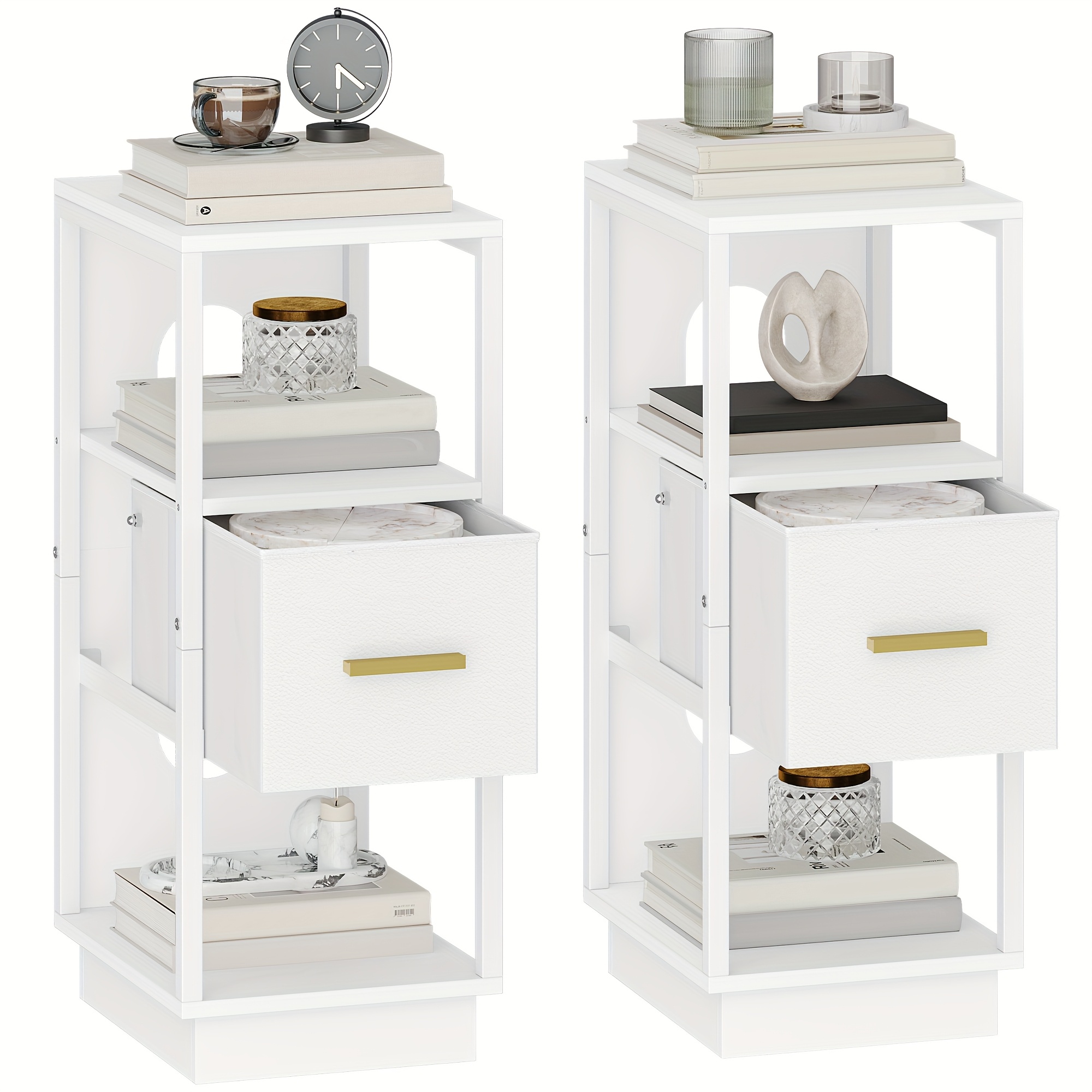 Bedside Table Set Of 2, Side Table With Open Compartment, Narrow Nightstand With 1 Fabric Drawer, Modern, For Bedroom, Living Room, 30 X 24 X 60 Cm, White/black