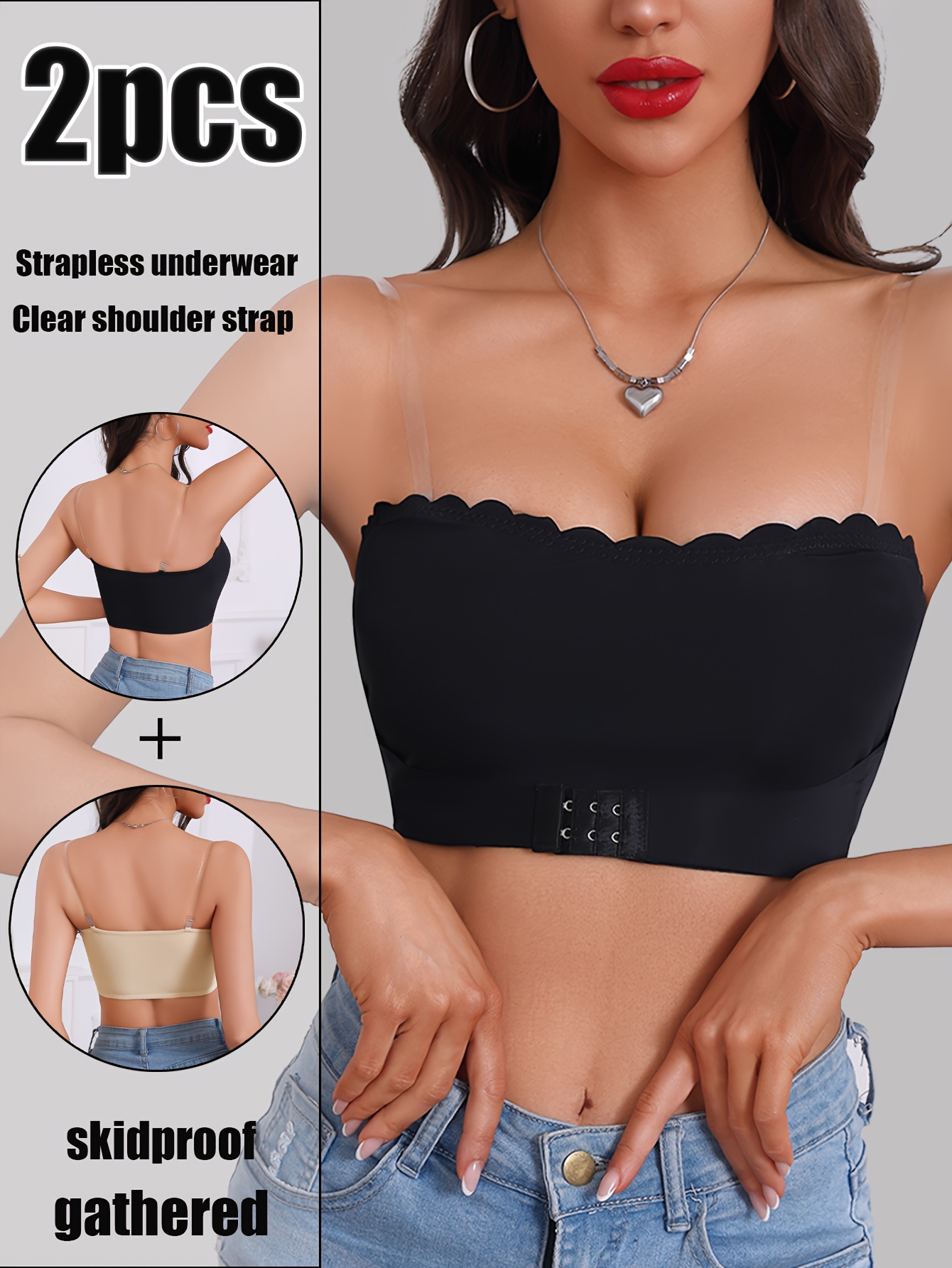 2pcs Women's Strapless Push-Up Bandeau Bras No Underwire, Medium Support,  Anti-Slip Machine Washable for Dresses Camisoles Elegant Special Col