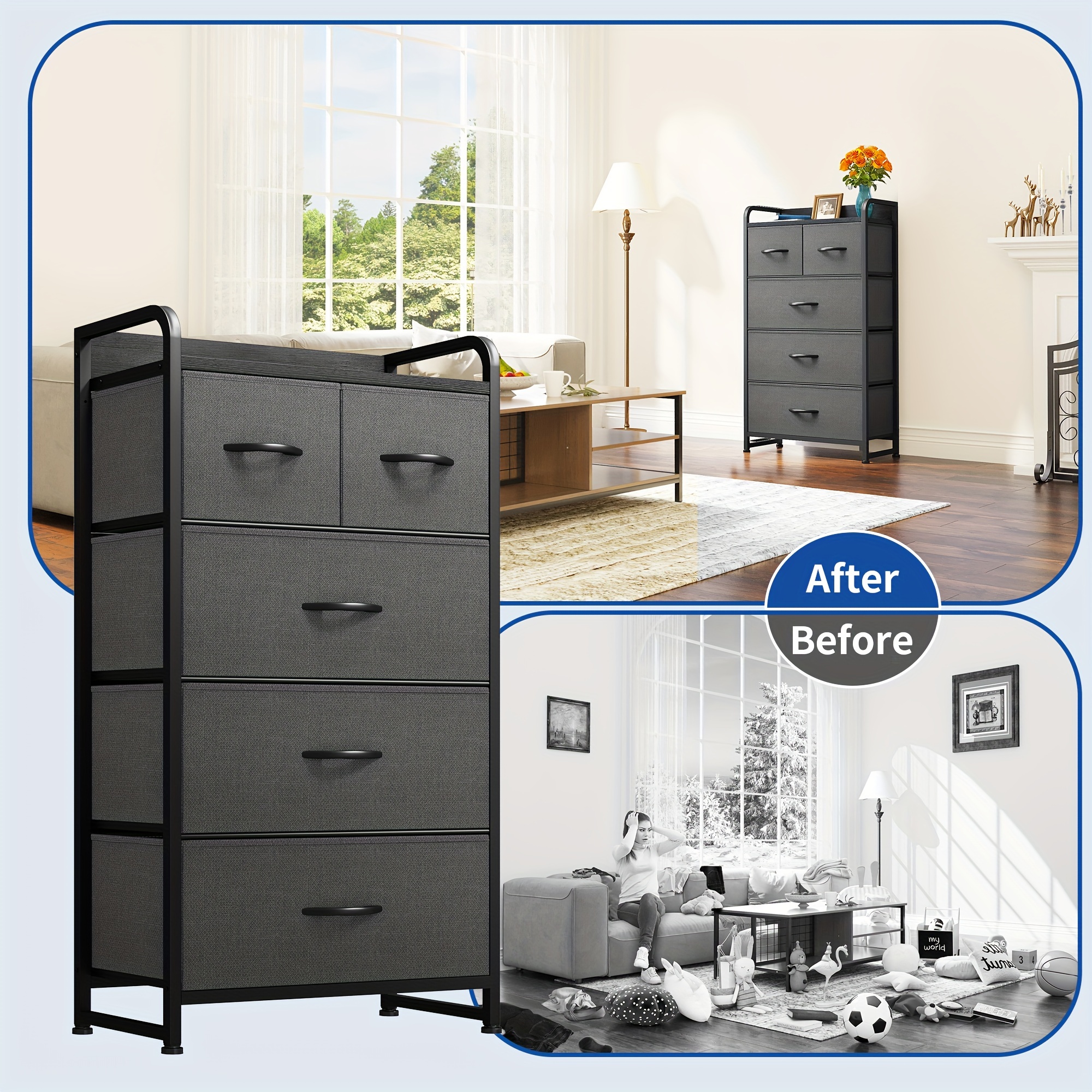 

Dwvo Fabric Dresser With 5 Drawers - Storage Tower With Large Capacity, Organizer Unit For Bedroom, Living Room & Closets