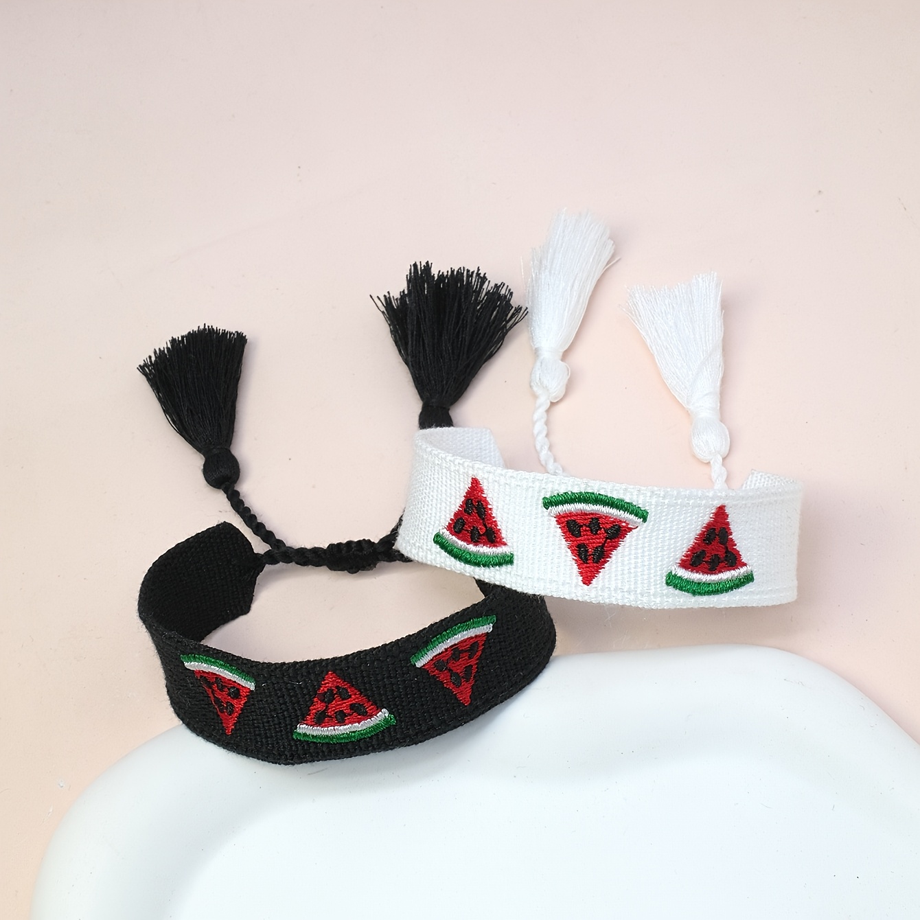 Image of 2pcs Set Creative Fashion Embroidered Watermelon Bohemian Adjustable Bracelets Suitable For Family, , Couples, Parties, Travel, Concerts, And Casual Attire Wristbands