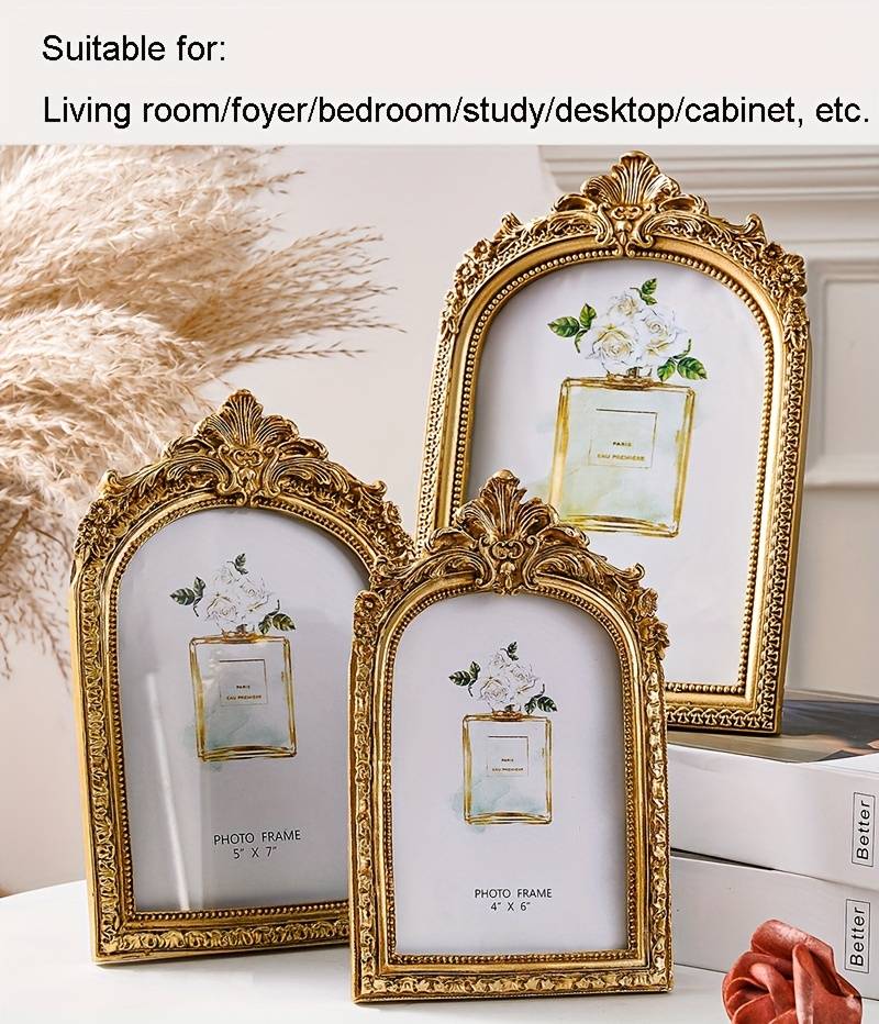 Cadre Photo Doré Vintage En Résine - Décoration Murale Ou De Table Pour Mariage, Noël, Fêtes, Hôtel - Support Photo Inclus 11,9x18 Cm