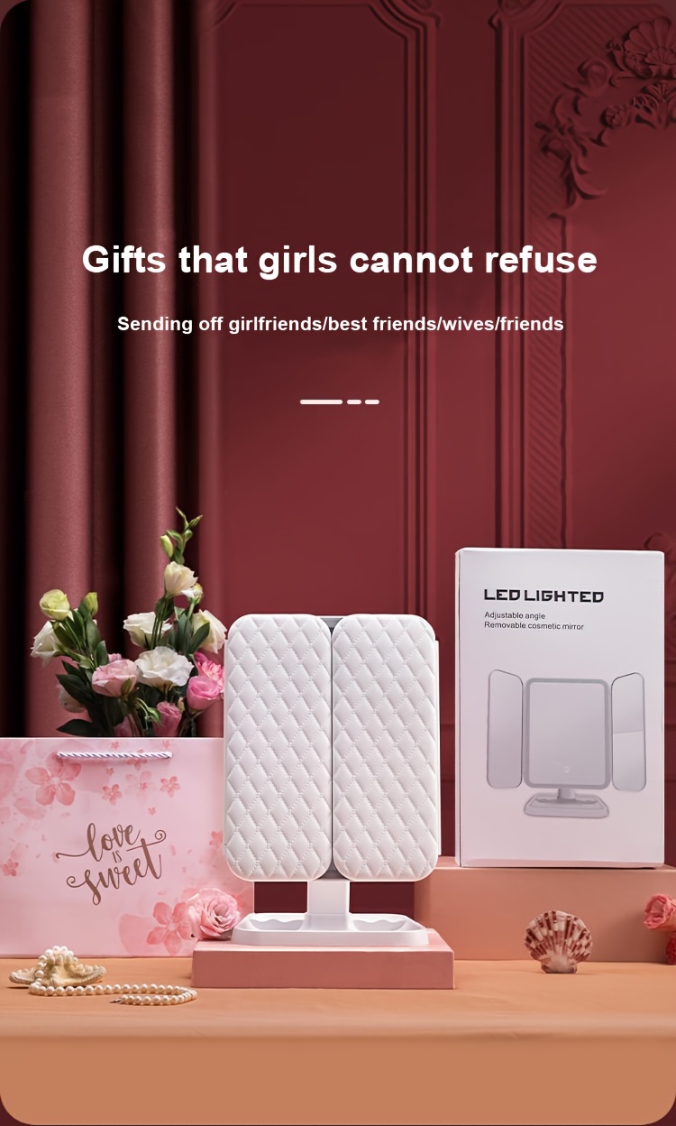 Foldable 3-Sided Desktop Mirror with Surface & Shell Design - Portable Tri-Section Vanity Mirror for,, Dorm Room, Salon, Birthday Gift, Space-Saving Tabletop Makeup Mirror with Polished